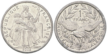 Французская Новая Каледония 1 франк 2008 птица кагу, (IEOM) KM 10, Schoen 10 алюминий 55-1046