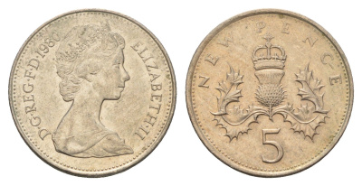 Великобритания 5 пенсов 1980 Елизавета II (1952-2022) KM 911, Spink 4233 (D1) медно-никель 4673-917
