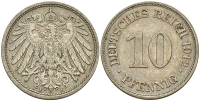ГЕРМАНИЯ 10 ПФЕННИГОВ 1912 E KM 12, J. 13, Weege 8 медно-никель 212-156