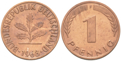 ФРГ 1 ПФЕННИГ 1968 F KM 105, J.380 сталь плакированная медью 3718-215