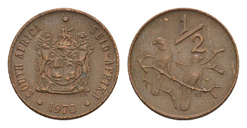ЮАР 1/2 цента 1970 два капских воробья на ветке KM 81 бронза 4609-1117