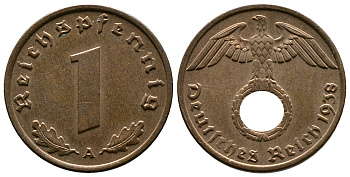 Германия 1 рейхспфенниг 1938 A KM 89, J. 361 бронза    220-311