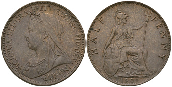 Великобритания 1/2 пенни 1901 Виктория (1837-1901) KM 789, Spink 3962 бронза 4163-853