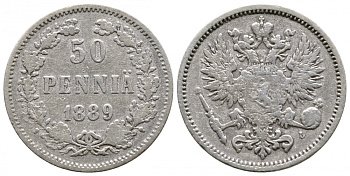 Россия для Финляндии 50 пенни 1889 L, Александр III (1881-1894) KM 2.2, Биткин 233 серебро 413-4042