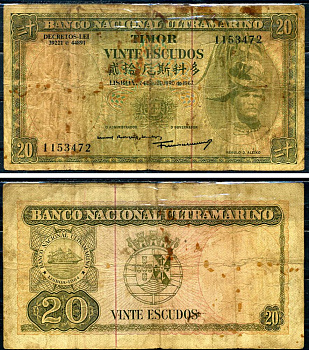 Восточный Тимор 20 эскудо 1967 Banco Nacional Ultramarino, подписи Samuel Rodrigues Sanches & Francisco Jos? Vieira Machado Pick 26a (7) бумага 6266-8-1-2