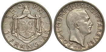 Албания 1 франга ари 1935 R, Ахмет Зогу I (1928-1939) KM 16 серебро 441-1635
