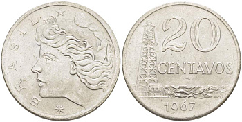 Бразилия 20 сентаво 1967 голова Свободы влево KM 579.1, Schon 84 медно-никель 4529-413