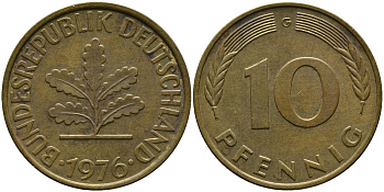 ФРГ 10 ПФЕННИГОВ 1976 G KM 108, J.383 сталь плакированная латунью 33-133