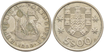 ПОРТУГАЛИЯ 5 ЭСКУДО 1980 ПАРУСНИК KM 591 медно-никель 4551-1027