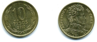 ЧИЛИ 10 ПЕСО 2010 ГЕНЕРАЛ БЕРНАРДО О ХИГГИНС KM 228.2 никель-бронза 37-942