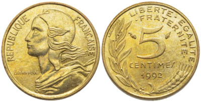 ФРАНЦИЯ 5 САНТИМОВ 1992 ТИП MARIANNE, 4 PILIS KM 933, LE FRANC 125.30 медь алюминий никель 116-459