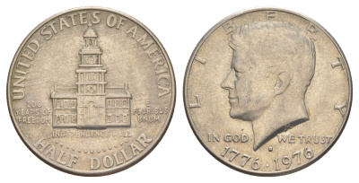 США 1/2 доллара (50 центов) 1976 D, 200 лет независимости, Джон Кеннеди KM 205 медь плакированная медно-никелем aUNC 4565-423