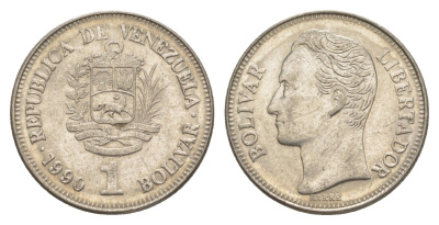 Венесуэла 1 боливар 1990 Симон Боливар, толстый шрифт Y 52a.2 сталь плакированная никелем 4591-914