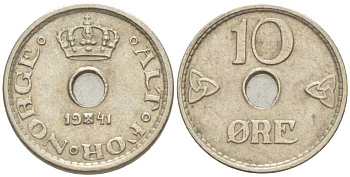 НОРВЕГИЯ 10 ЭРЕ 1941 ХОКОН VII (1905-1957) KM 383 медно-никель 3309-719