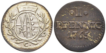 Саксония 1 пфенниг 1765 С, Фридрих Август III (1763-1806), Альбертинская линия KM 980 (C93a), Buck 119, Merseburger 2019, Kahnt 1138 серебро 44-1119