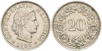 ШВЕЙЦАРИЯ 20 РАППЕНОВ 1956 В KM 29a медно-никель 55-737