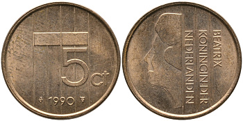 НИДЕРЛАНДЫ 5 ЦЕНТОВ 1990 БЕАТРИКС KM 202 бронза 65-1254