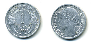 ФРАНЦИЯ 1 ФРАНК 1959 KM 885a.1 алюминий 23-1015