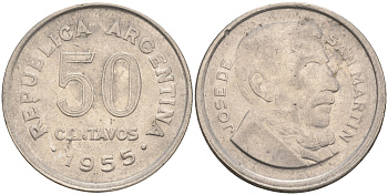 Аргентина 50 сентаво 1955 генерал Хосе де Сан Мартин KM 49 сталь плакированная никелем 4561-541