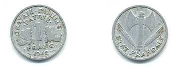 ФРАНЦИЯ 1 ФРАНК 1942 LB, ТИП LOURDЕ, ПРАВИТЕЛЬСТВО ВИШИ KM 902.1, LE FRANC 222.2 алюминий 76-746