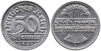 ГЕРМАНИЯ 50 ПФЕННИГОВ 1921 F KM 27, J. 301 алюминий 24-954