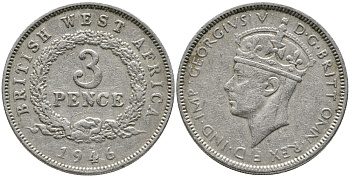 Британская Западная Африка 3 пенса 1946 KN, Георг VI (1937-1952) KM 21 медно-никель 3334-653
