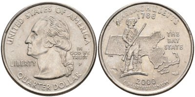 США 25 центов = квотер 2000 Р, серия штаты США, Массачусетс KM 305 медь плакированная медно-никелем 4586-123