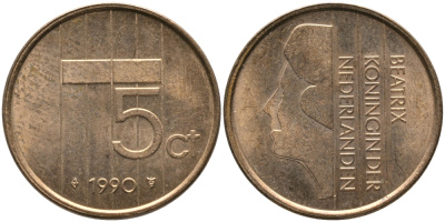 НИДЕРЛАНДЫ 5 ЦЕНТОВ 1990 БЕАТРИКС KM 202 бронза 65-1254