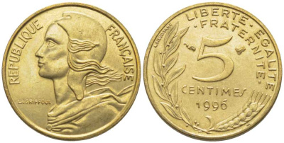 ФРАНЦИЯ 5 САНТИМОВ 1996 ТИП MARIANNE, 4 PILIS KM 933, LE FRANC 125.39 медь алюминий никель 116-464