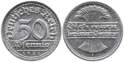 ГЕРМАНИЯ 50 ПФЕННИГОВ 1921 F KM 27, J. 301 алюминий 24-954