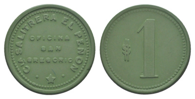 Чили, Сан-Грегорио (San Gregorio), Агуа Бланка (Agua Blanca) шахтерский жетон с Селитряного рудника для покупки в местных магазинах, номиналом в 1 песо 1880-1920 диаметр 30 мм, вес 3,18 гр Espinosa 275.8 эбонит (зеленый) 1094-1-51