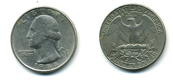 США 25 ЦЕНТОВ = КВОТЕР 1988 P, ВАШИНГТОН KM А164а медь плакированная медно-никелем 59-2044