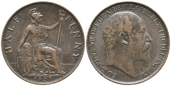 Великобритания 1/2 пенни 1907 Эдуард VII (1901-1910) KM 793.2, Spink 3991 бронза 34-217