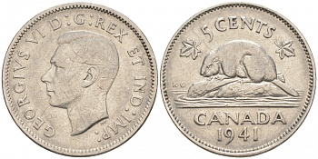 Канада 5 центов 1941 бобр, Георг VI (1937-1952) KM 33 никель 73-1214