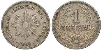 Уругвай 1 сентесимо 1924 KM 19 медно-никель 187-968