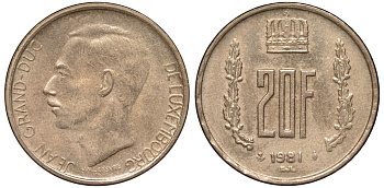 Люксембург 20 франков 1981 герцог Жан (1964-1999) KM 58 алюминиевая бронза 4144-144