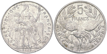 Французская Новая Каледония 5 франков 2009 птица кагу, (IEOM) KM 16, Schoen 12, Lec 81k алюминий 221-842
