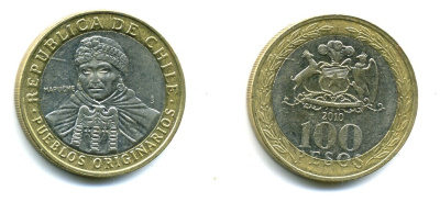 Чили 100 песо 2010 индейцы Мапуче KM 236 биметалл 41-442