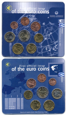 Греция евронабор из 8 монет 2002 официальный выпуск в пластике биметалл UNC 5-4-1-83