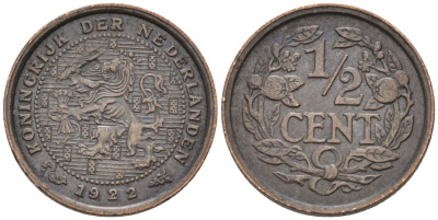 Нидерланды 1/2 цента 1922 Вильгельмина (1890-1948) KM 138 бронза 4576-428