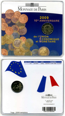 Франция 2 евро 2009 10 лет введения евро, буклет, пластик, запайка KM 1590 биметалл BUNC 000-00-00