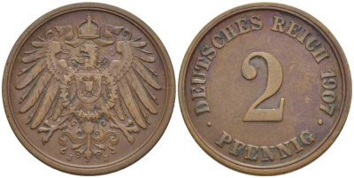 ГЕРМАНИЯ 2 ПФЕННИГА 1907 J KM 16, J. 11, Weege 4 медь 206-534