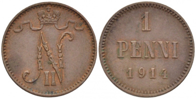 Россия для Финляндии 1 пенни 1914 Николай II (1894-1917) KM 13, Биткин 474 медь 4396-1428