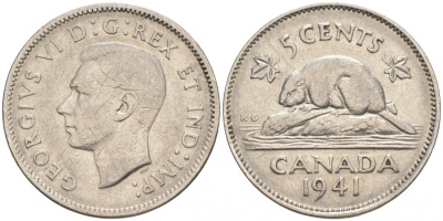 Канада 5 центов 1941 бобр, Георг VI (1937-1952) KM 33 никель 73-1214