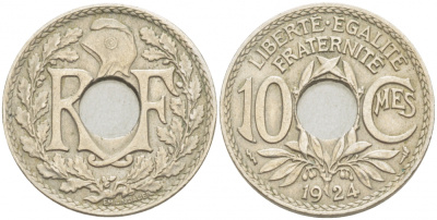 ФРАНЦИЯ 10 САНТИМОВ 1924 tb, ТИП ЛИНДАЙЁ, МОНЕТНЫЙ ДВОР ПУАССИ, МОЛНИЯ KM 866а, LE FRANC 138.11 медно-никель 4402-747