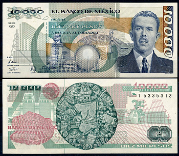 Мексика 10000 песо 1991 президент Мексики Ласаро Карденас, серия QD Pick 90 d  бумага  UNC (пресс) 7200-5-3