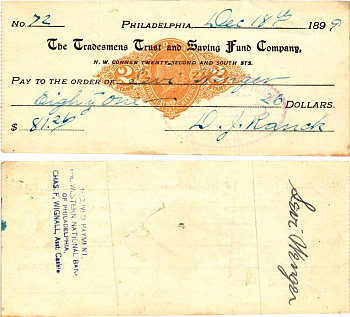 США чек на 81,20 долларов 1899 Филадельфия бумага 3295-28-2-1