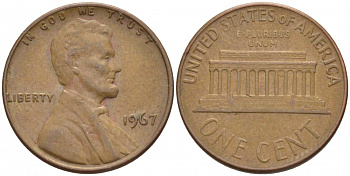 США 1 ЦЕНТ 1967 ЛИНКОЛЬН KM 201 медь цинк 3851-1035