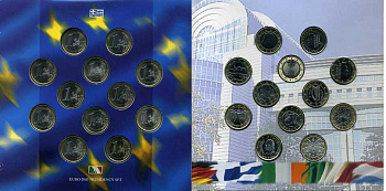 Бельгия евронабор из 12 монет + 2 жетонА 2003 президентство в евросоюзе, 12 монет по 1 евро всех стран еврозоны, Греция 1.1.2003 - 30.06.2003, Италия 1.07.2003 - 31.12.2003    UNC биметалл 5-4-5-27