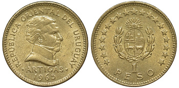 Уругвай 1 песо 1965 KM 46 алюминиевая бронза 33-1013